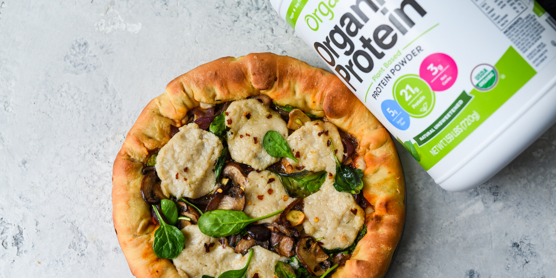 Vegan Cheesy Crust Protein Pizza with Spinach and Mushrooms