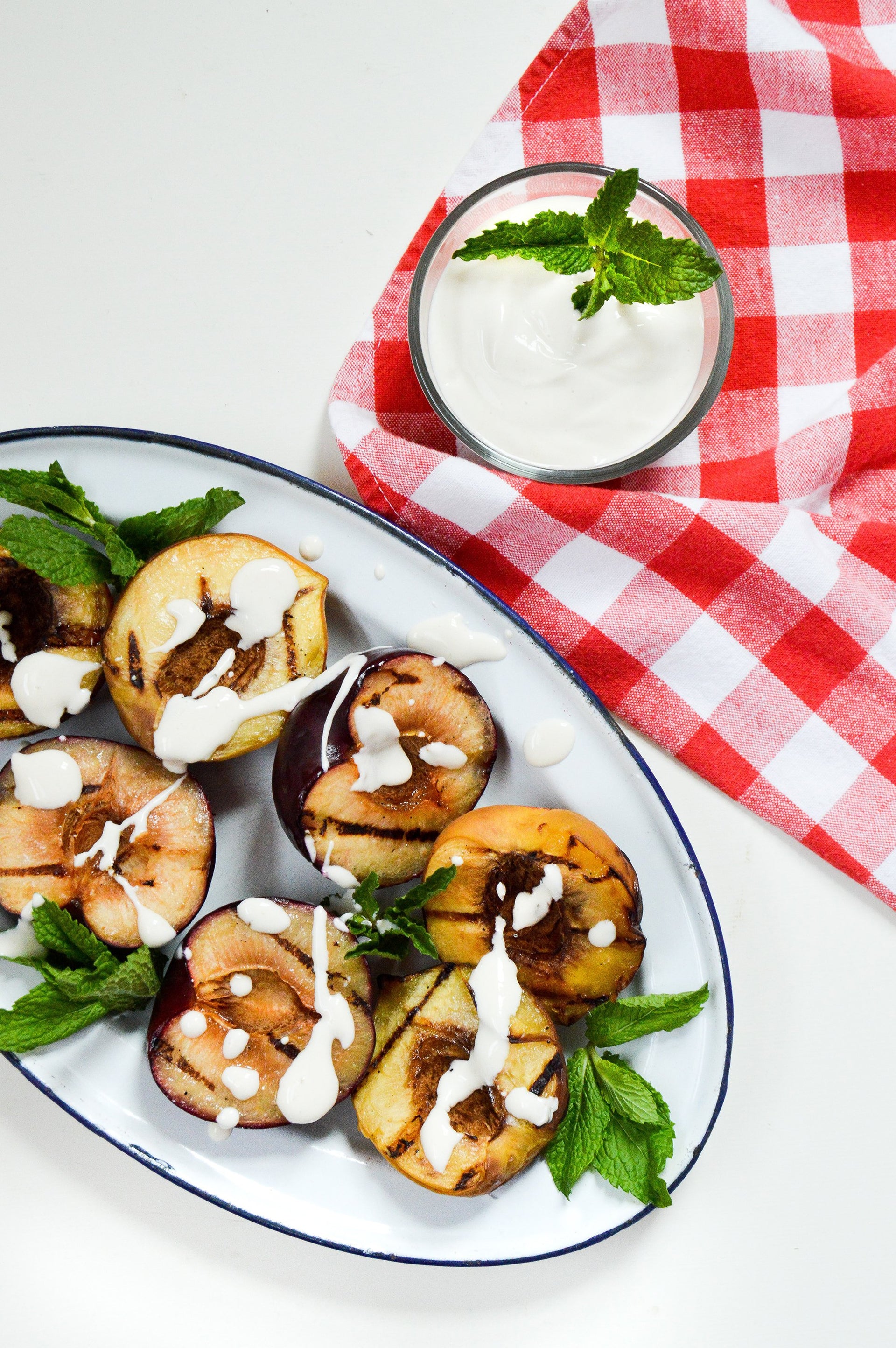Grilled Stone Fruit with Vanilla Greek Yogurt Drizzle
