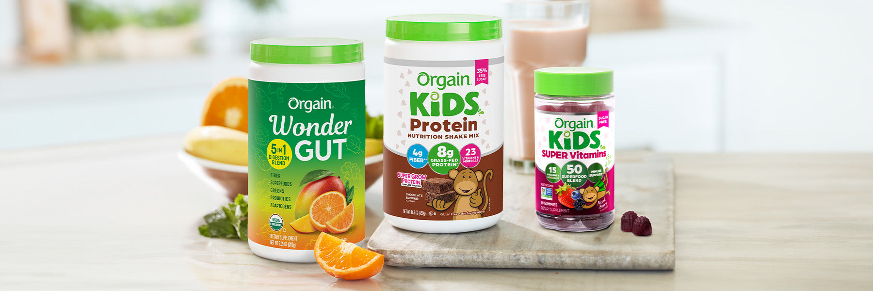 Orgain Wonder Gut, Kids Nutrition Shake Mix and Kids vitamin gummies