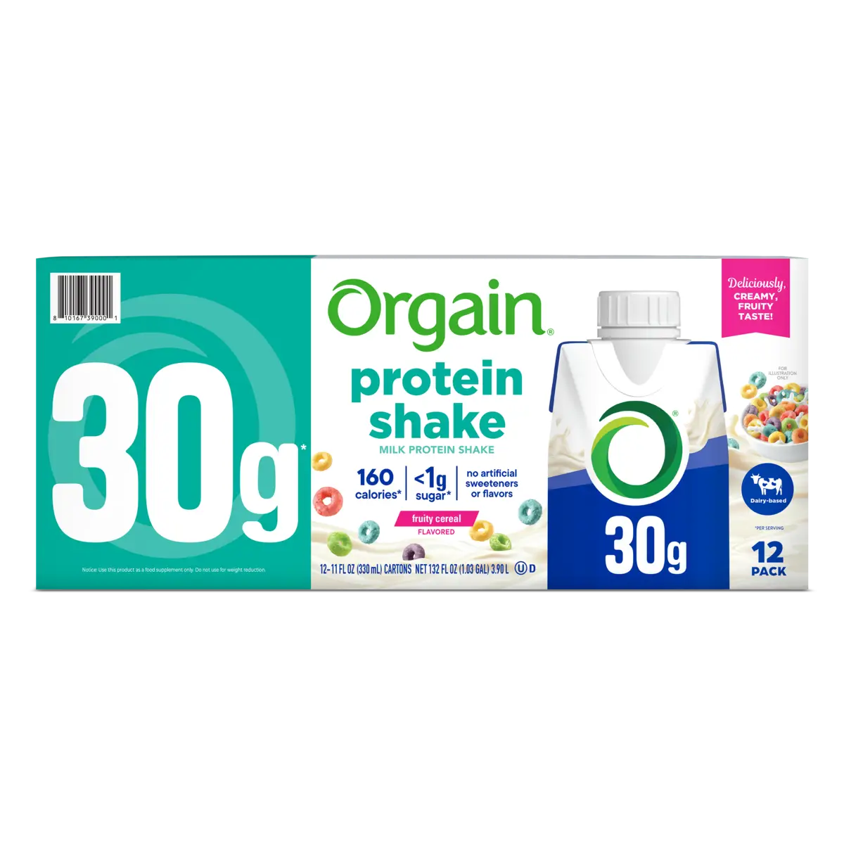 Front of 30g protein shake fruity cereal 12 pack