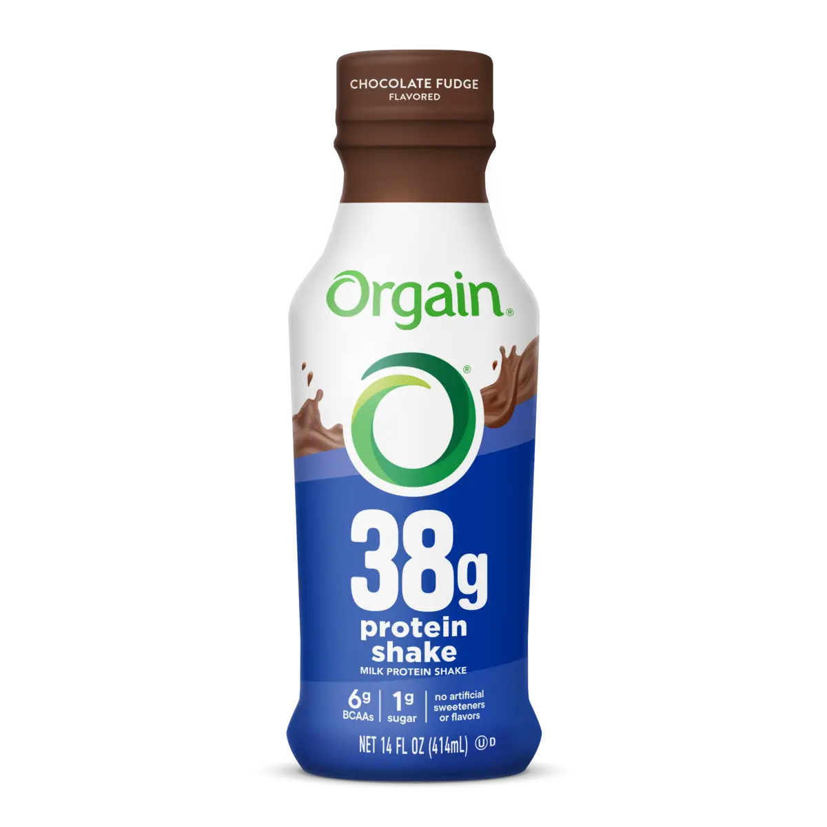 Front of bottle for Orgain 38g Protein Shake in Chocolate Fudge flavor