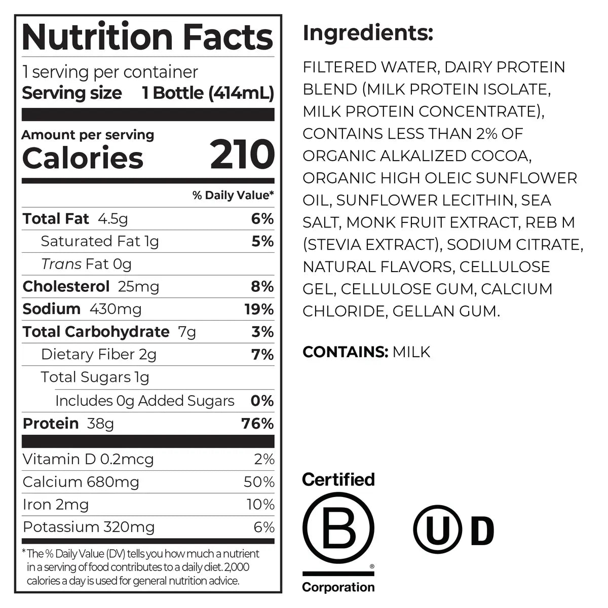 Nutrition Fact Panel for the Orgain 38g Protein Shake in Chocolate Fudge flavor