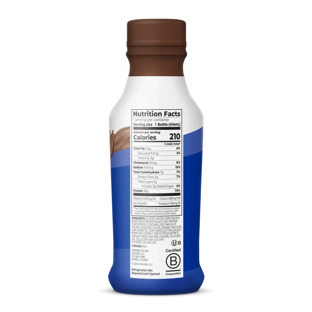 Right side of bottle for Orgain 38g Protein Shake in Chocolate Fudge flavor
