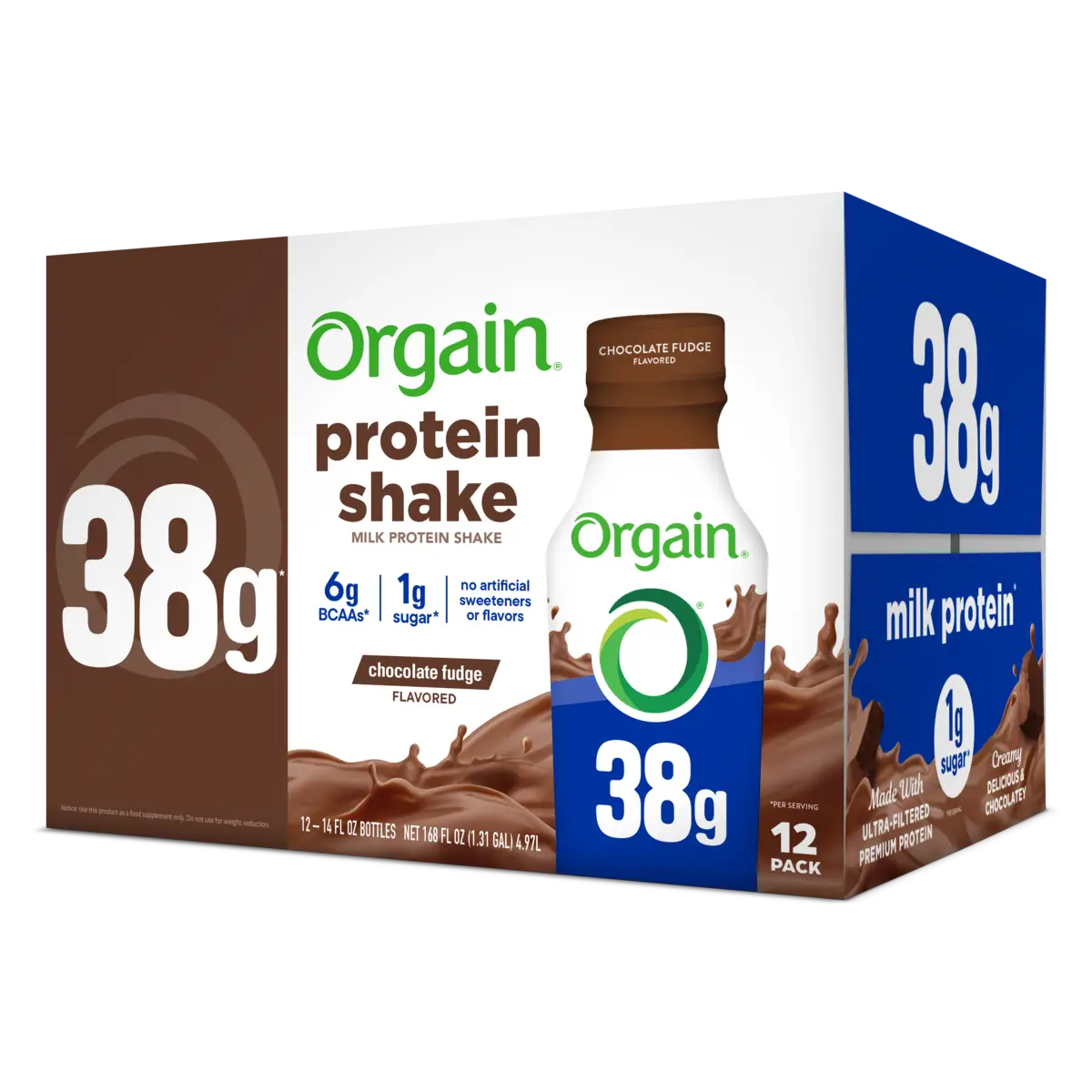 Angled Box for the Orgain 38g Protein Shake in Chocolate Fudge flavor in the 12 pack size