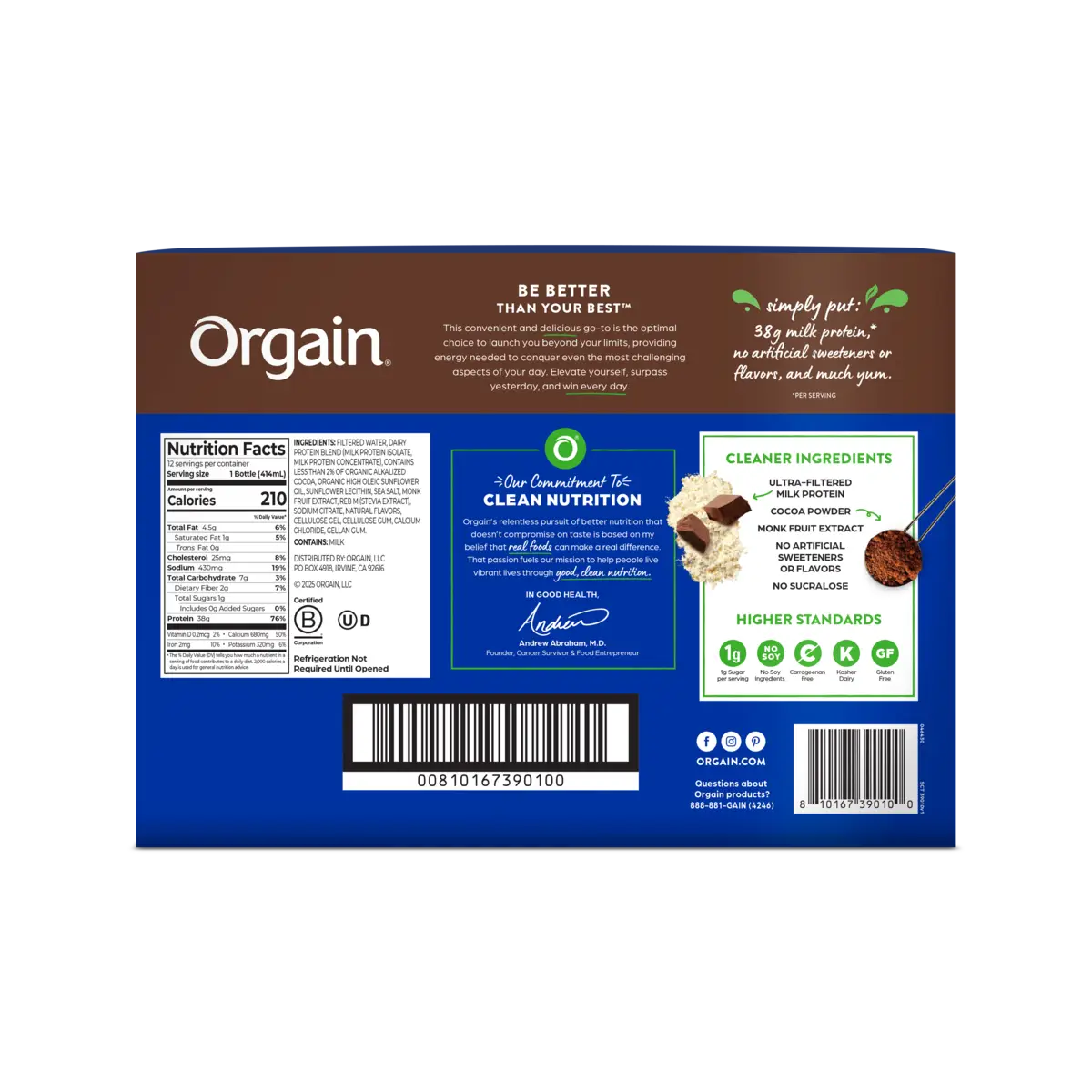Back of Box for the Orgain 38g Protein Shake in Chocolate Fudge flavor in the 12 pack size