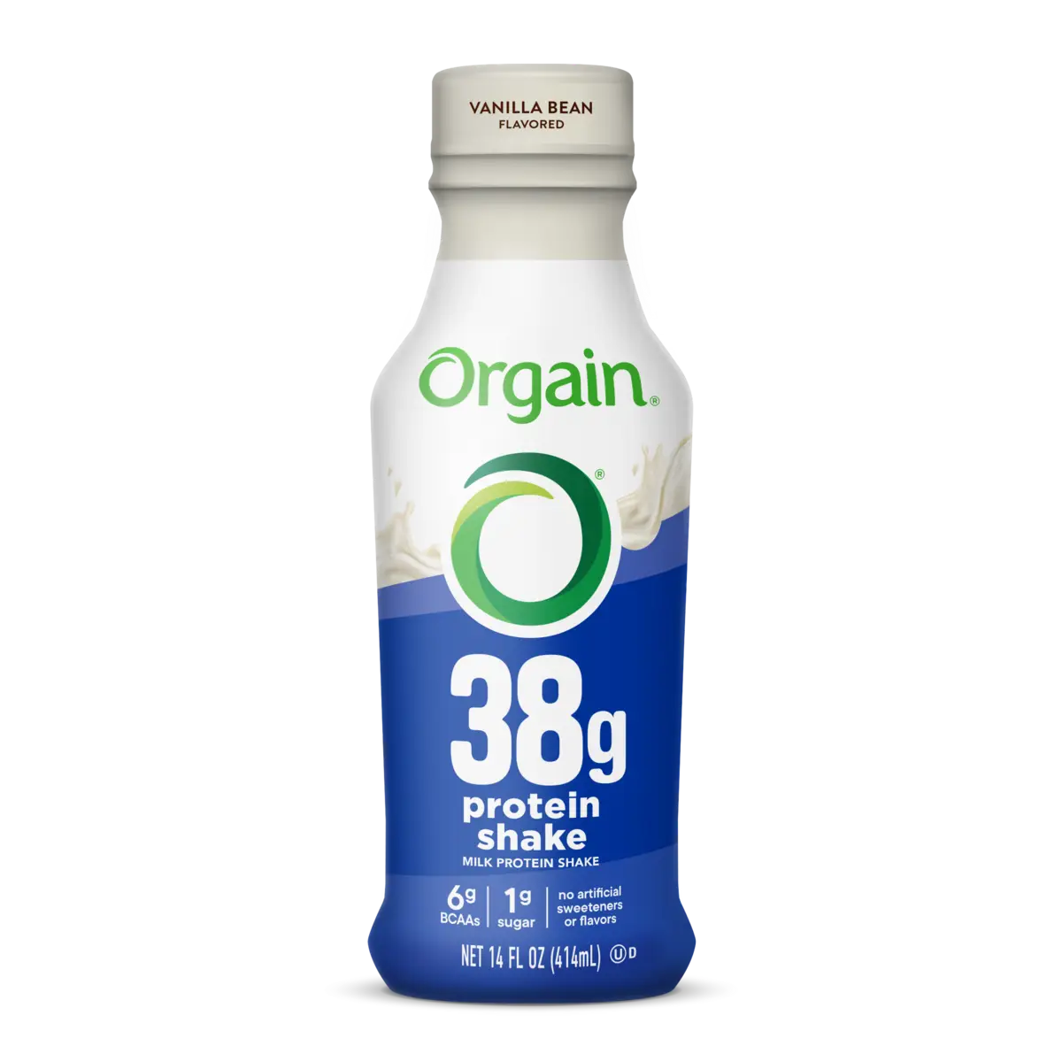 Front of bottle for Orgain 38g Protein Shake in vanilla bean flavor