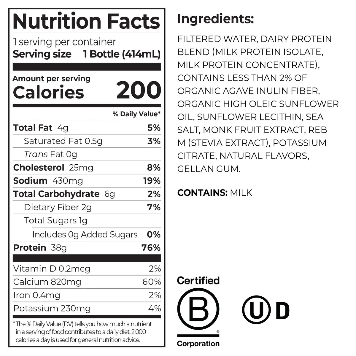Nutrition Fact Panel for Orgain 38g Protein Shake in Vanilla Bean flavor