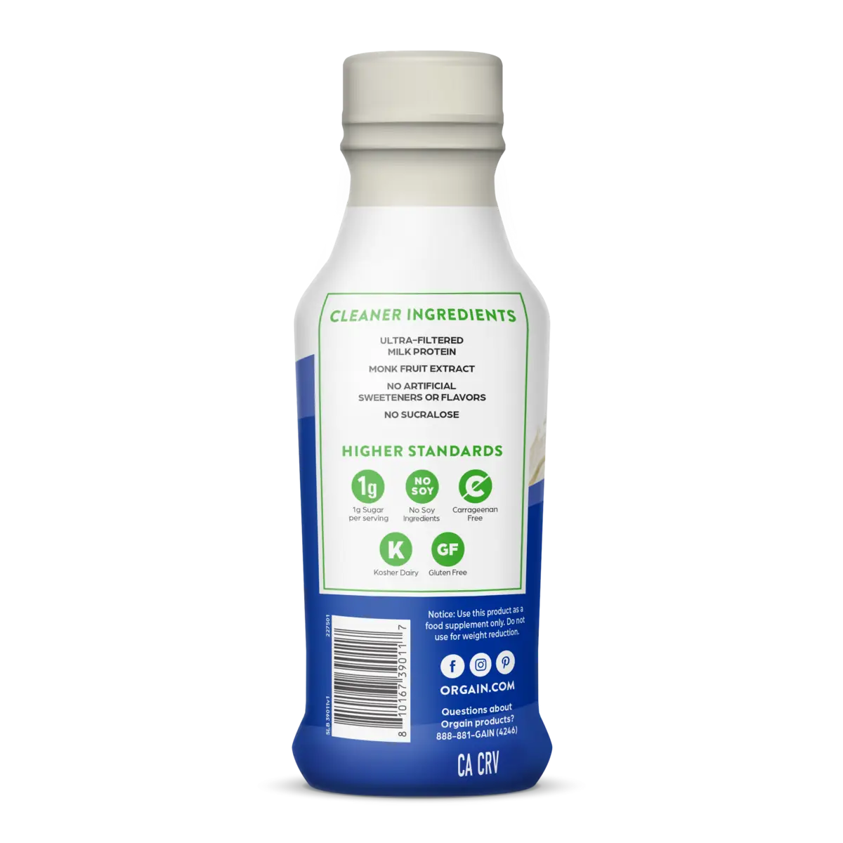 left side of bottle for Orgain 38g Protein Shake in vanilla bean flavor
