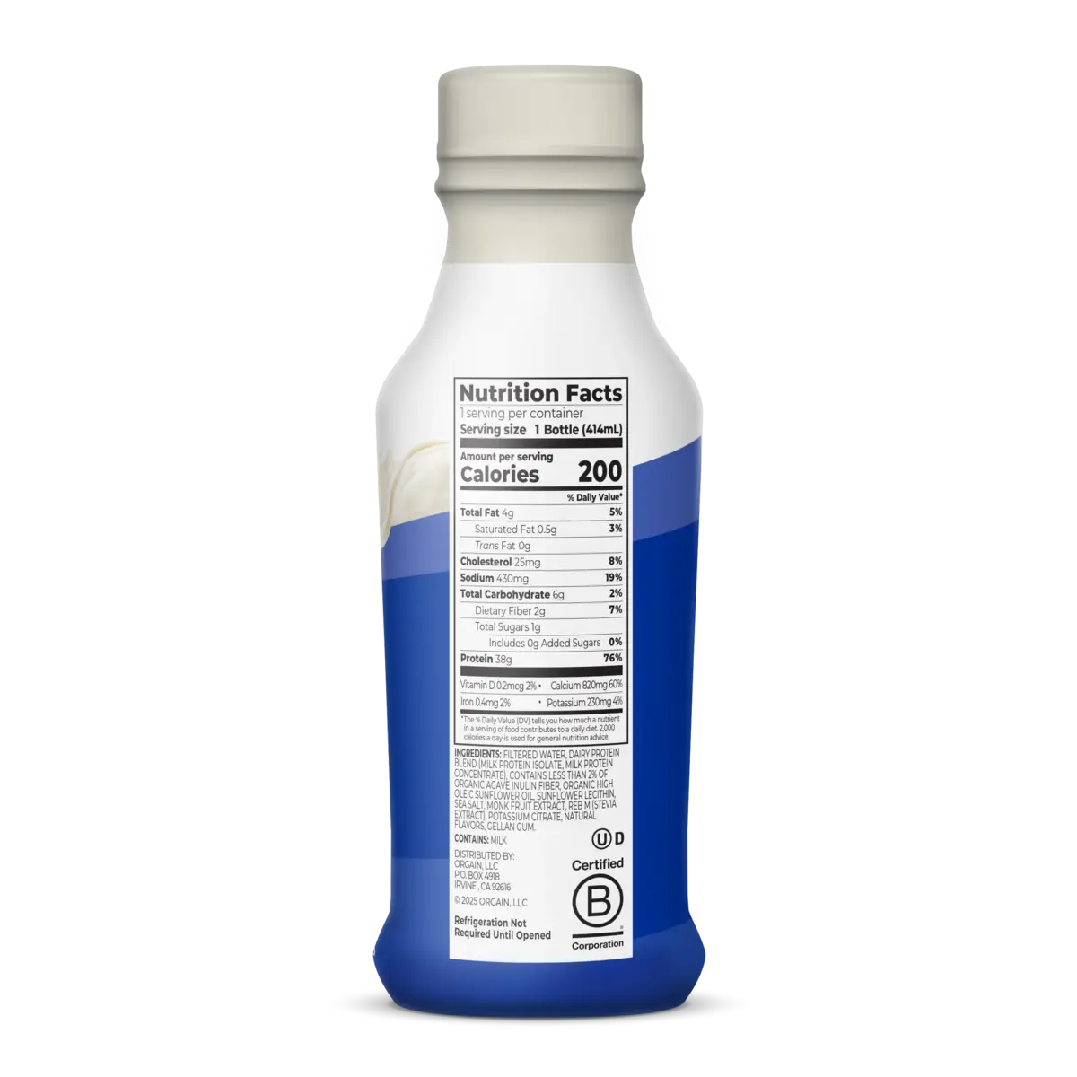 right side of bottle for Orgain 38g Protein Shake in vanilla bean flavor