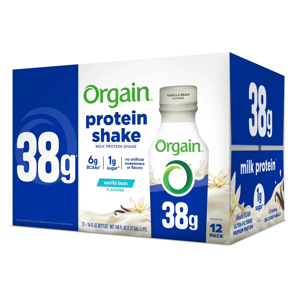 Angled Box for the Orgain 38g Protein Shake in vanilla bean flavor in the 12 pack size