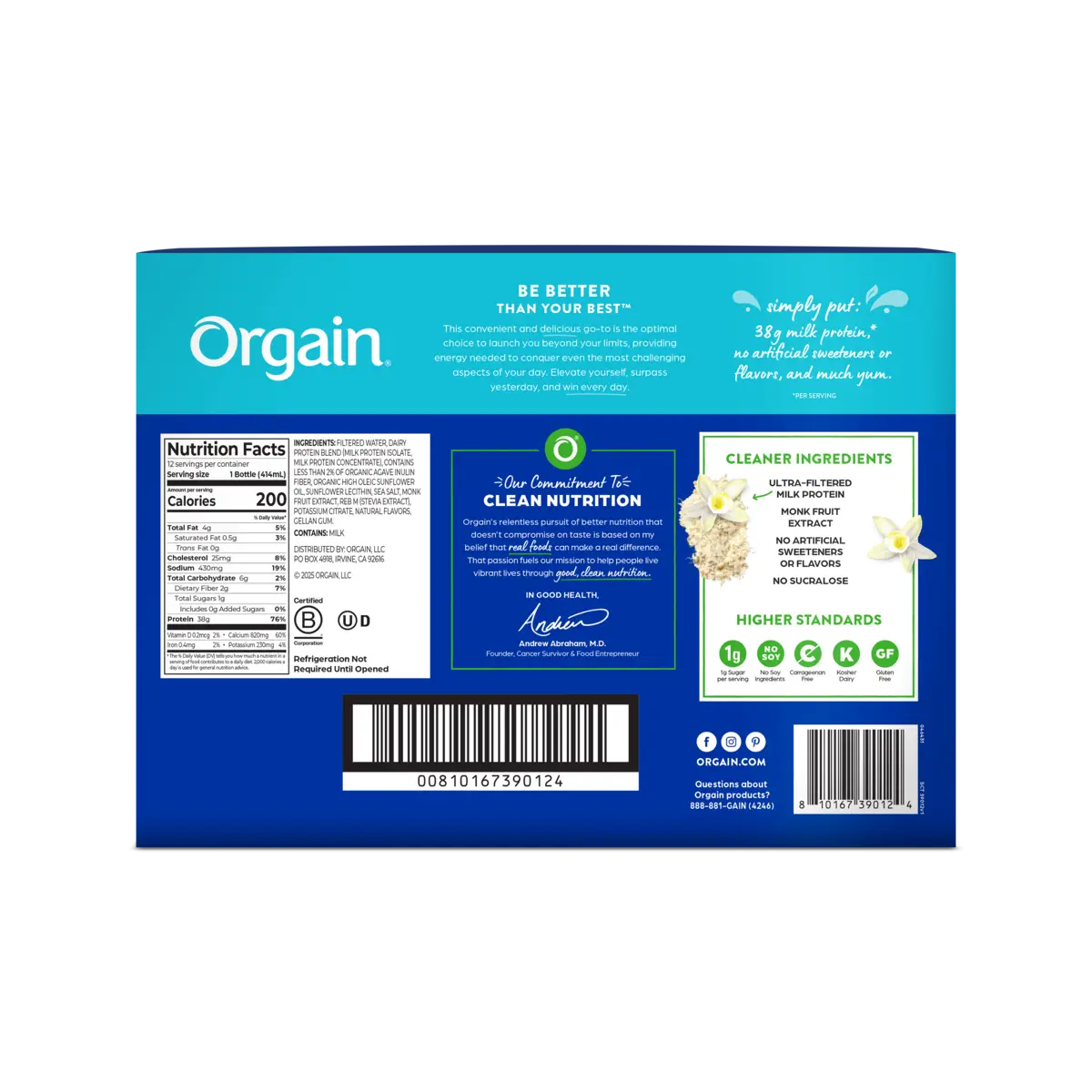 Back of Box for the Orgain 38g Protein Shake in vanilla bean flavor in the 12 pack size