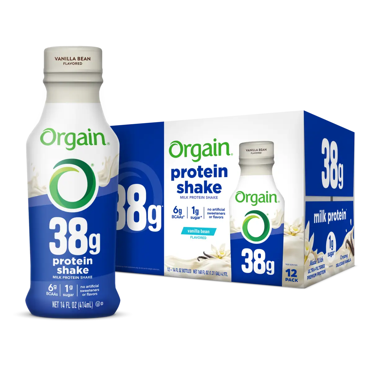 Bottle and Box for the Orgain 38g Protein Shake in Vanilla Bean flavor in the 12 pack size