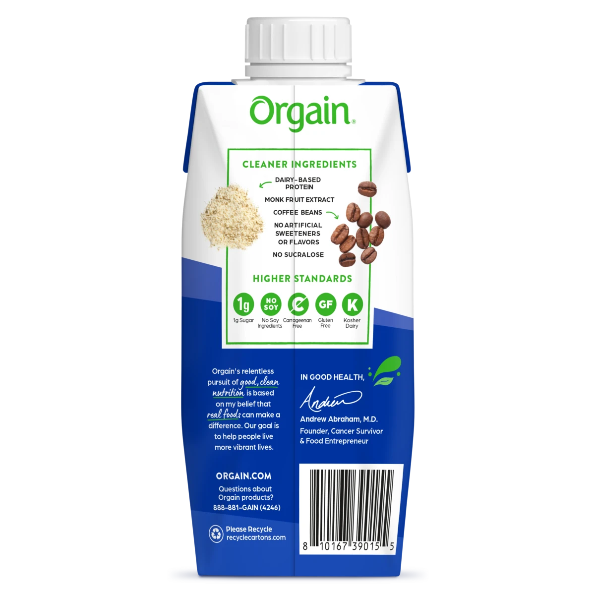 Back of 30g protein shake cafe latte flavor single serving