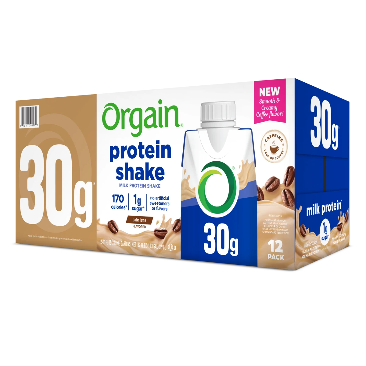Angled shot of 30g protein shake cafe latte flavor single serving