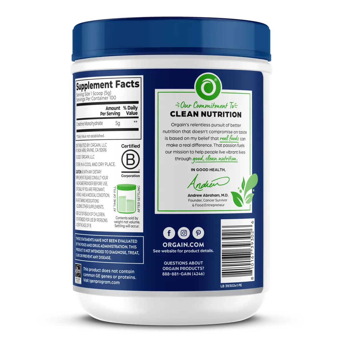 Right side of Orgain Creatine Powder - Unflavored - 17.64oz