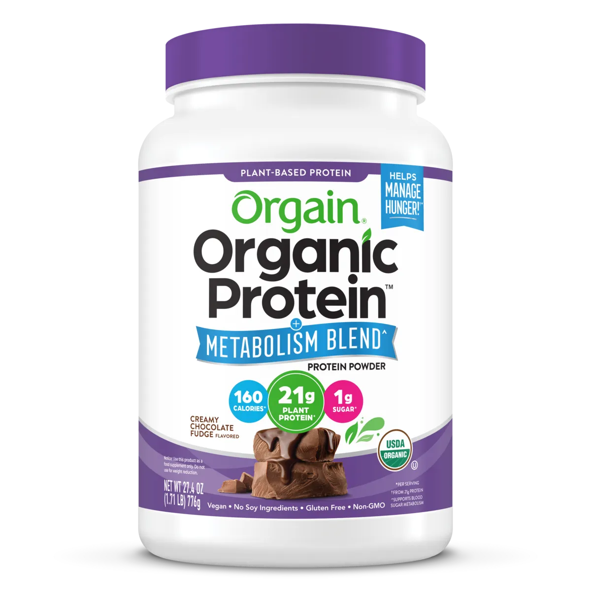 Front of Orgain Organic Protein Powder plus metabolism blend creamy chocolate fudge flavor in 1.71 lb canister