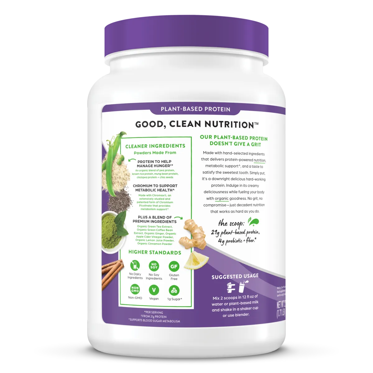 left side of Orgain Organic Protein Powder plus metabolism blend creamy chocolate fudge flavor in 1.71 lb canister
