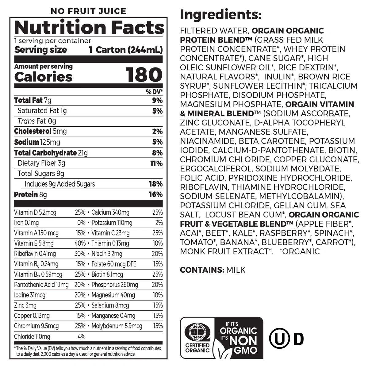 Nutrition fact panel and list of ingredients of Kids Protein Organic Nutrition Shake - Vanilla  Flavor