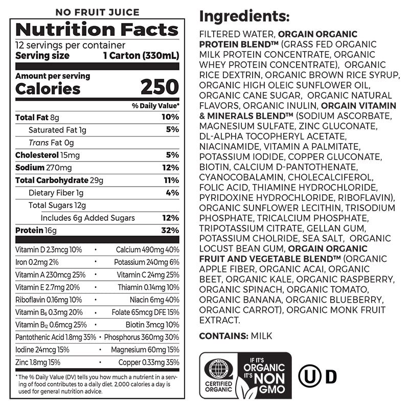 Nutrition fact panel and list of ingredients of Organic Nutrition Shake - Strawberries & Cream  Flavor in the 12 Shakes Size