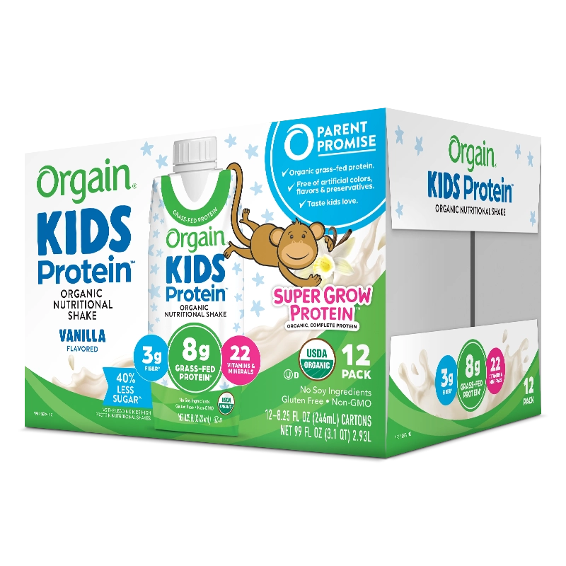 Angled Right side of Kids Protein Organic Nutrition Shake - Vanilla  Flavor in the 12 Shakes Size