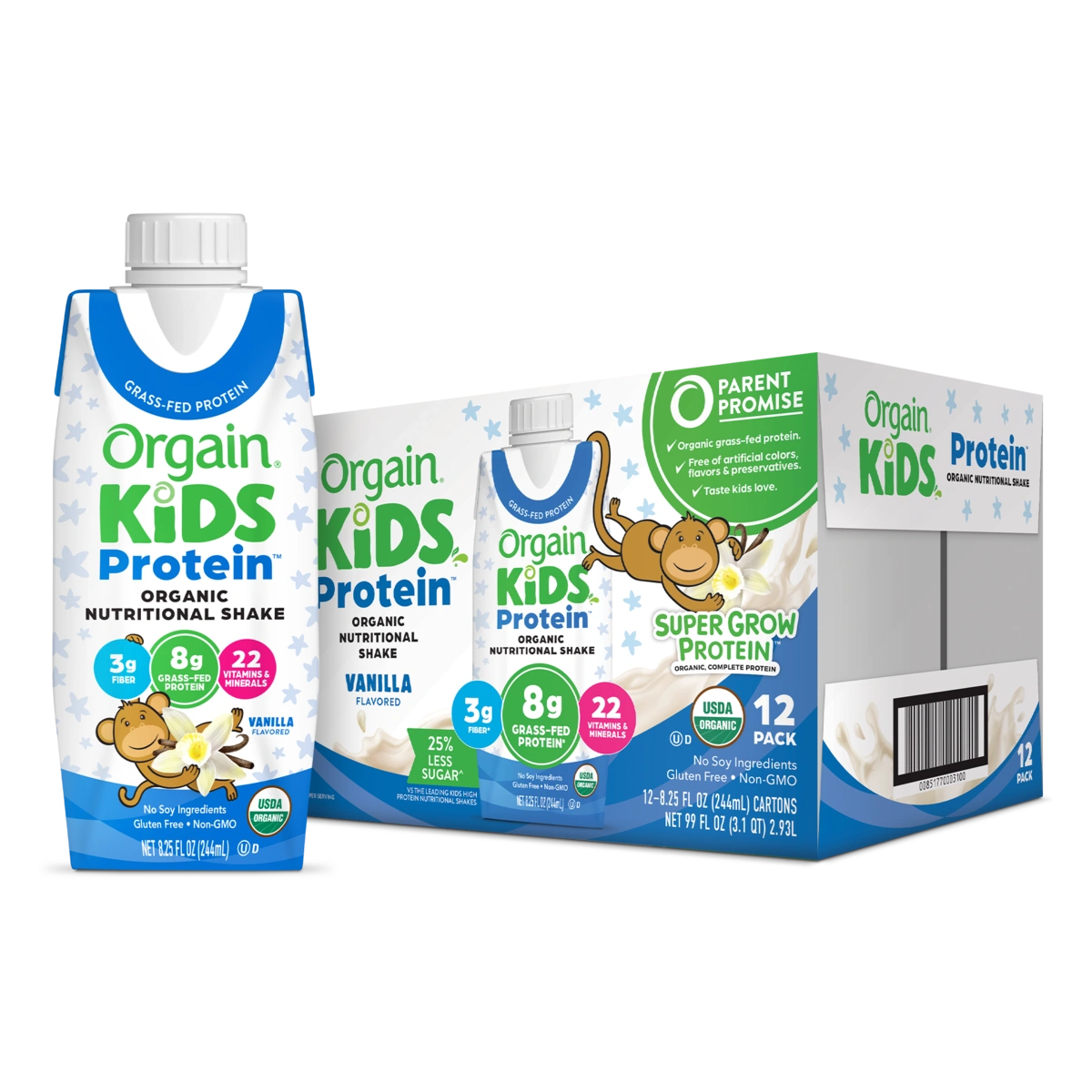 Single and case of Kids Protein Organic Nutrition Shake - Vanilla Flavor in the 12 Shakes Size