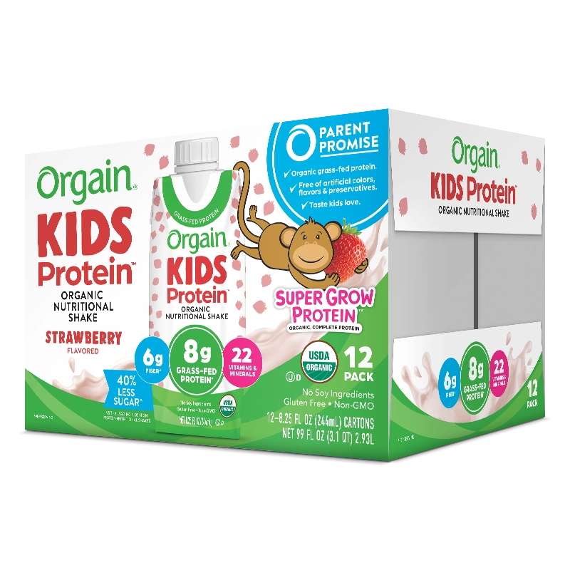 Angled Right side of Kids Protein Organic Nutrition Shake - Strawberry  Flavor in the 12 Shakes Size