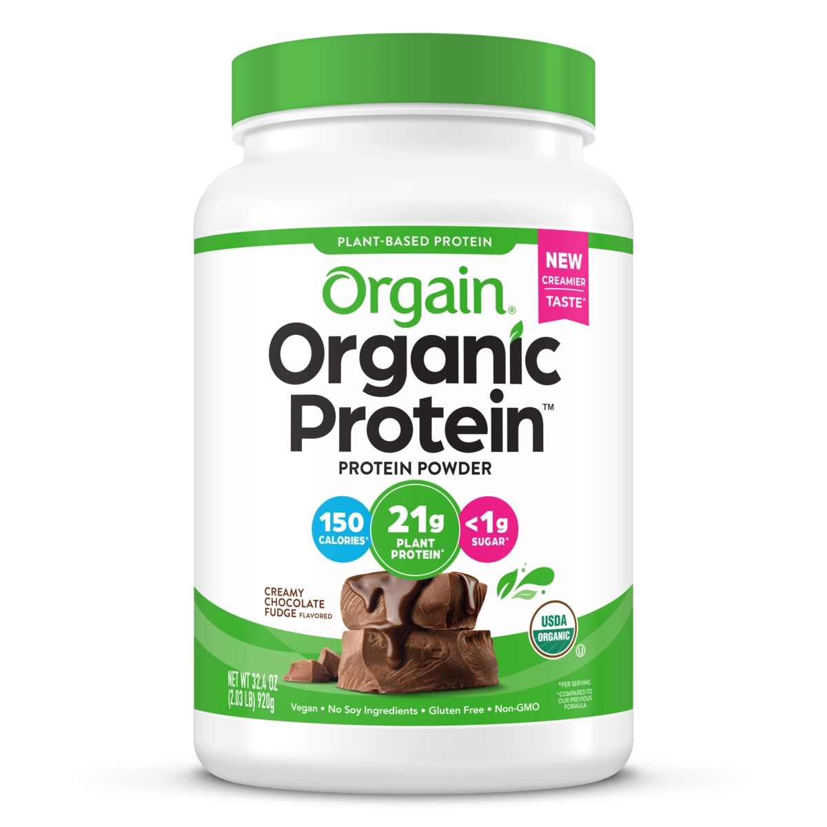 Front of Organic Protein Plant Based Protein powder in creamy chocolate fudge flavor 2lb size