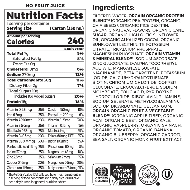 Nutrition fact panel and list of ingredients of Vegan Organic Nutrition Shake Smooth Chocolate Flavor in the 12 Shakes Size