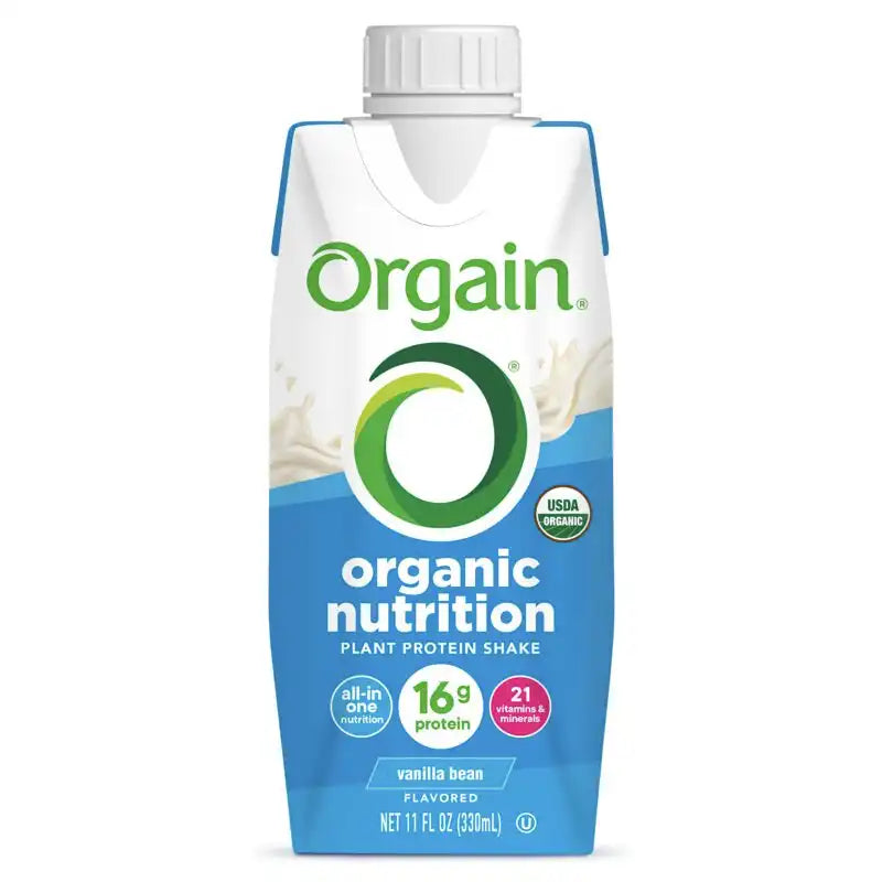 Front of Vegan Organic Nutrition Shake - Vanilla Bean  Flavor in the 12 Shakes Size