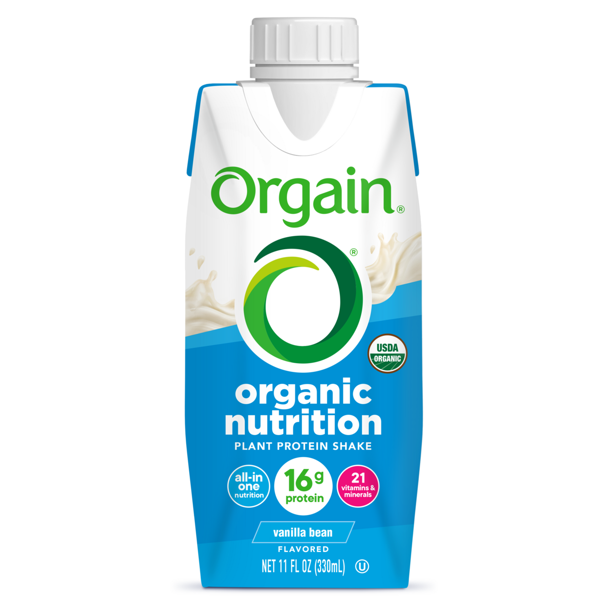 Front of Vegan Organic Nutrition Shake - Vanilla Bean Flavor in the 12 Shakes Size