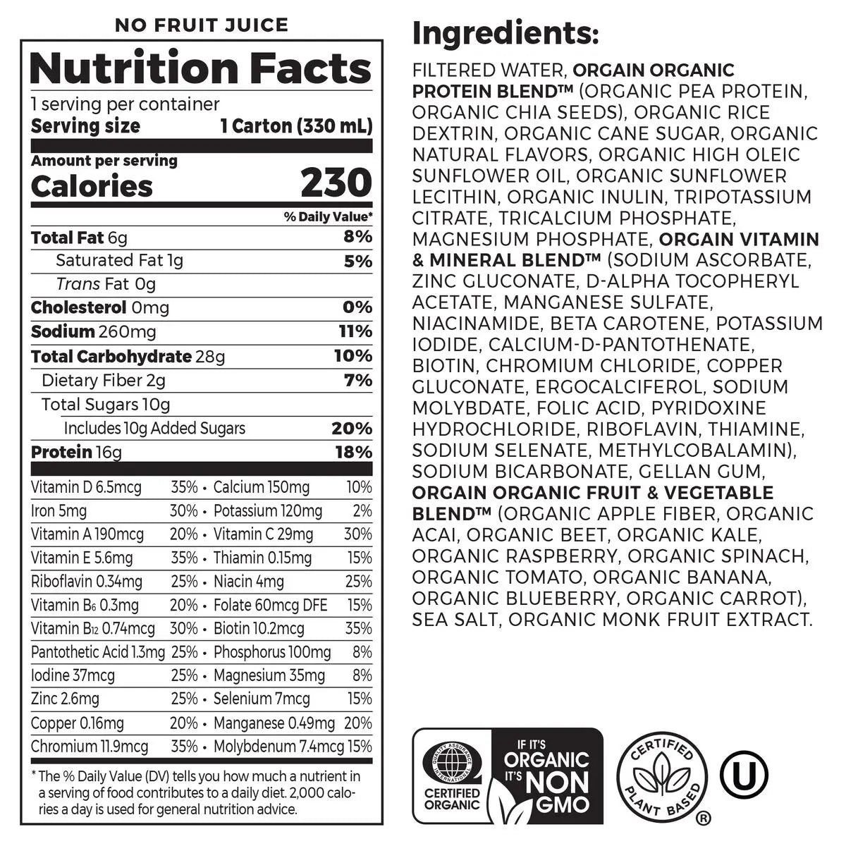 Nutrition Fact Panel and List of Ingredients for Vegan Organic Nutrition Shake in Vanilla Bean flavor