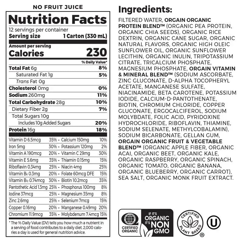 Nutrition fact panel and list of ingredients of Vegan Organic Nutrition Shake - Vanilla Bean  Flavor in the 12 Shakes Size