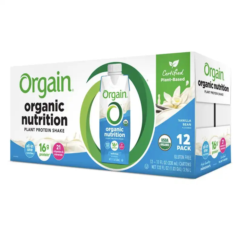 Angled Right side of Vegan Organic Nutrition Shake - Vanilla Bean  Flavor in the 12 Shakes Size