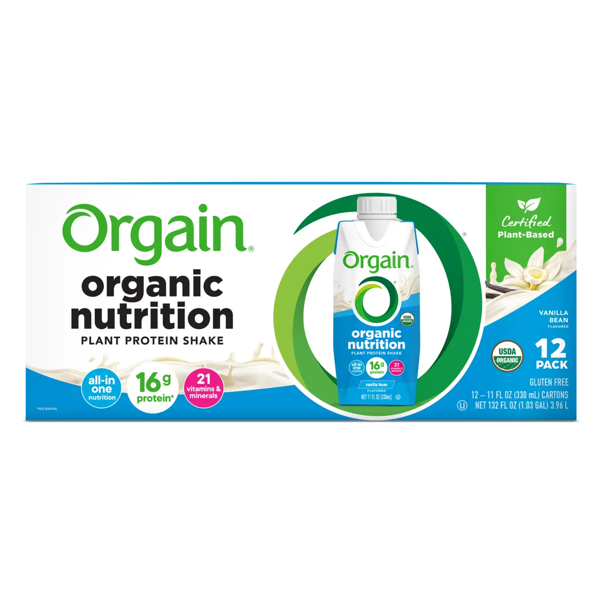 Front of Vegan Organic Nutrition Shake in vanilla bean Flavor in 12 pack size