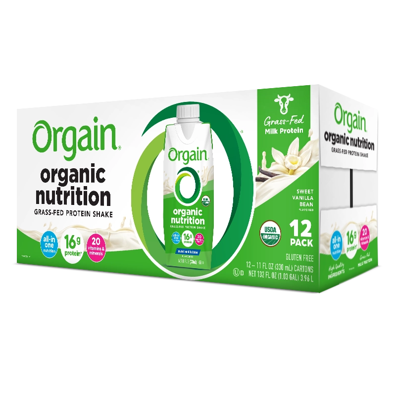 Angled Right side of Organic Nutrition Shake - Sweet Vanilla Bean  Flavor in the 12 Shakes Size