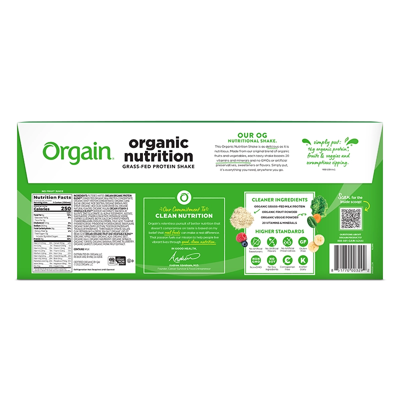 Back of Organic Nutrition Shake - Sweet Vanilla Bean  Flavor in the 12 Shakes Size
