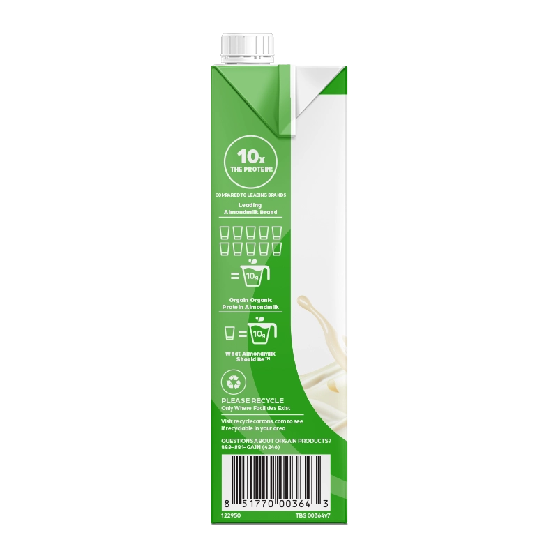 Left side of Organic Protein Almond Milk - Unsweetened Vanilla  Flavor in the 6 Cartons Size
