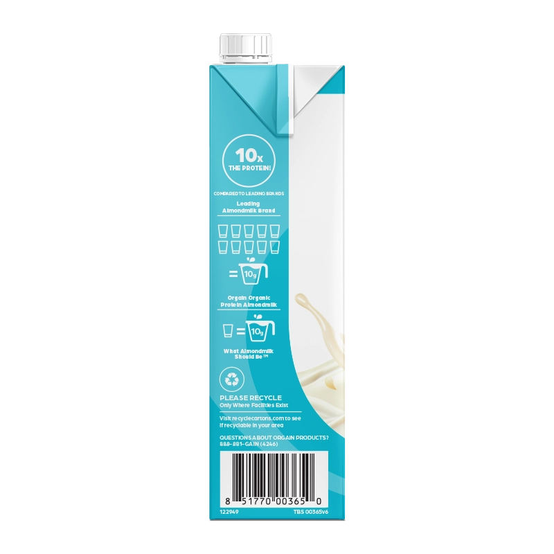 Left side of Organic Protein Almond Milk - Lightly Sweetened Vanilla  Flavor in the 6 Cartons Size