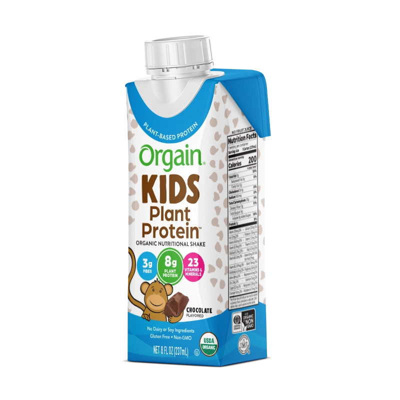 Angled side of Kids Organic Plant Protein Nutritional Shake Chocolate Flavor in the 12 Shakes Size