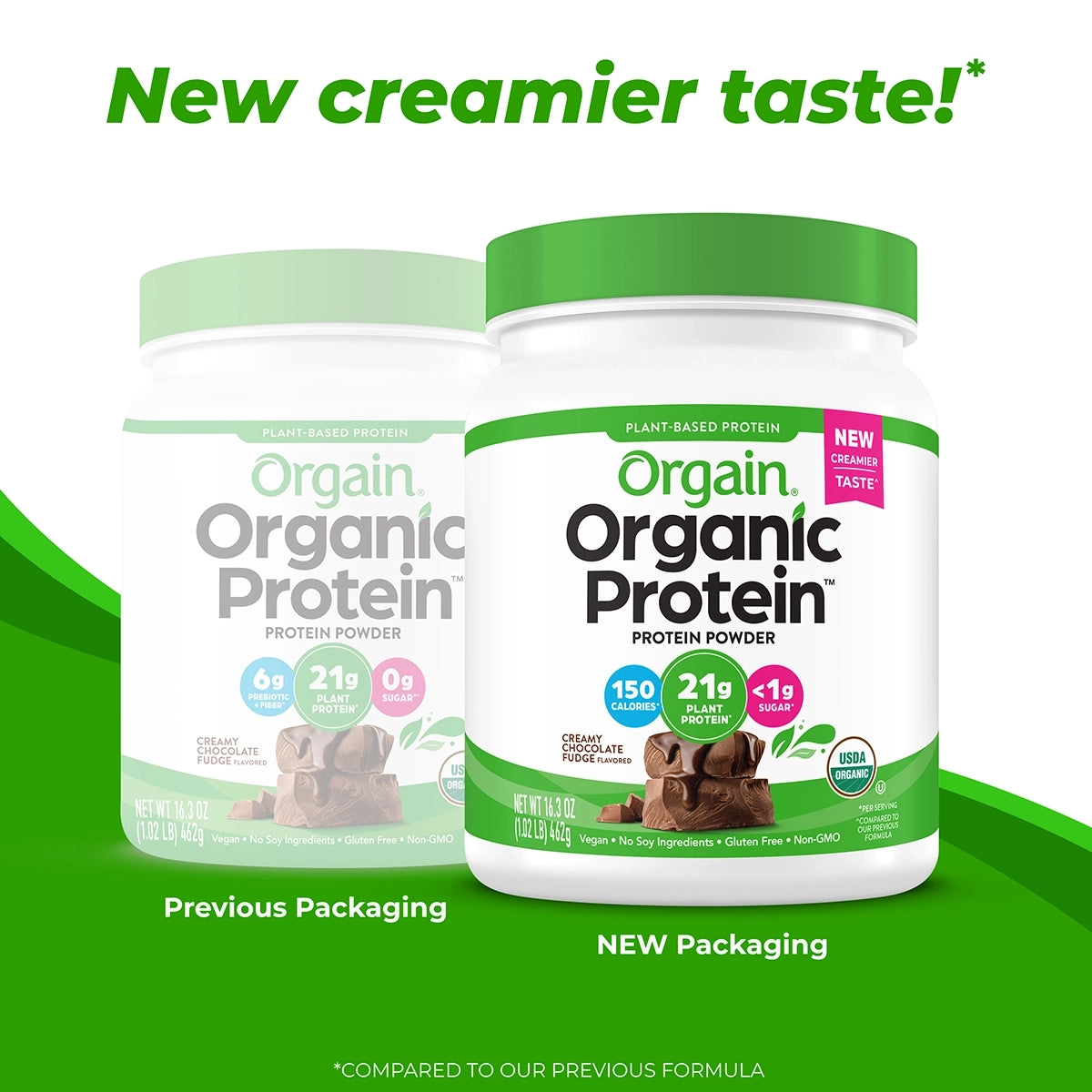 Organic Protein Plant Based Protein powder in creamy chocolate fudge flavor 1lb size now comes in a new creamier taste and the packaging may vary!