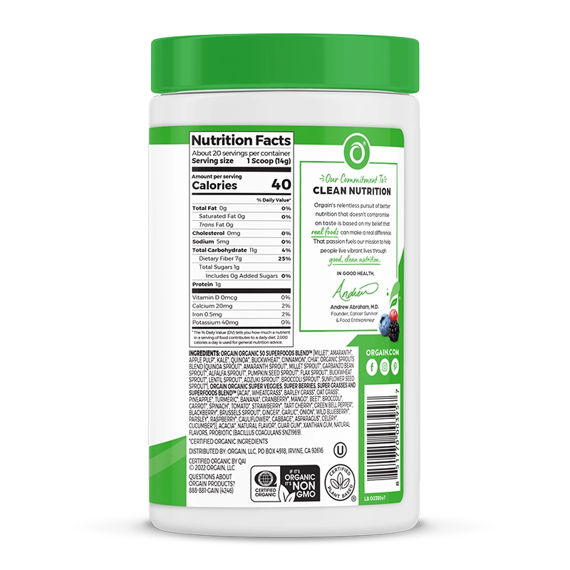 Right side of Organic Superfoods Powder Original Flavor in the 0.62lb Canister Size