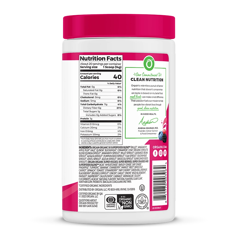 Right side of Organic Superfoods Powder - Berry  Flavor in the 0.62lb Canister Size