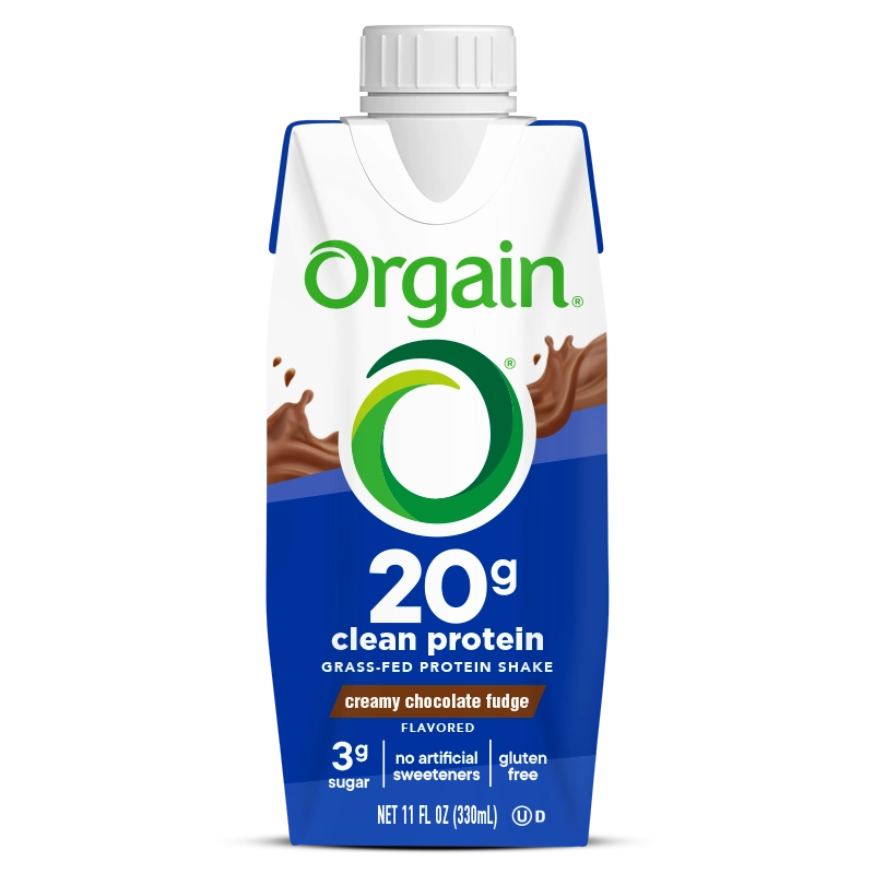 Front of 20g Clean Protein Shake Creamy Chocolate Fudge Flavor in the single shake packaging