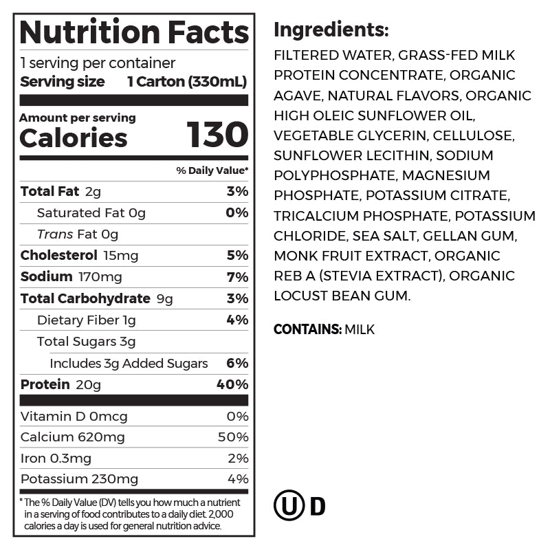Nutrition fact panel and list of ingredients of 20g Clean Protein Shake - Vanilla Bean  Flavor in the 12 Shakes Size