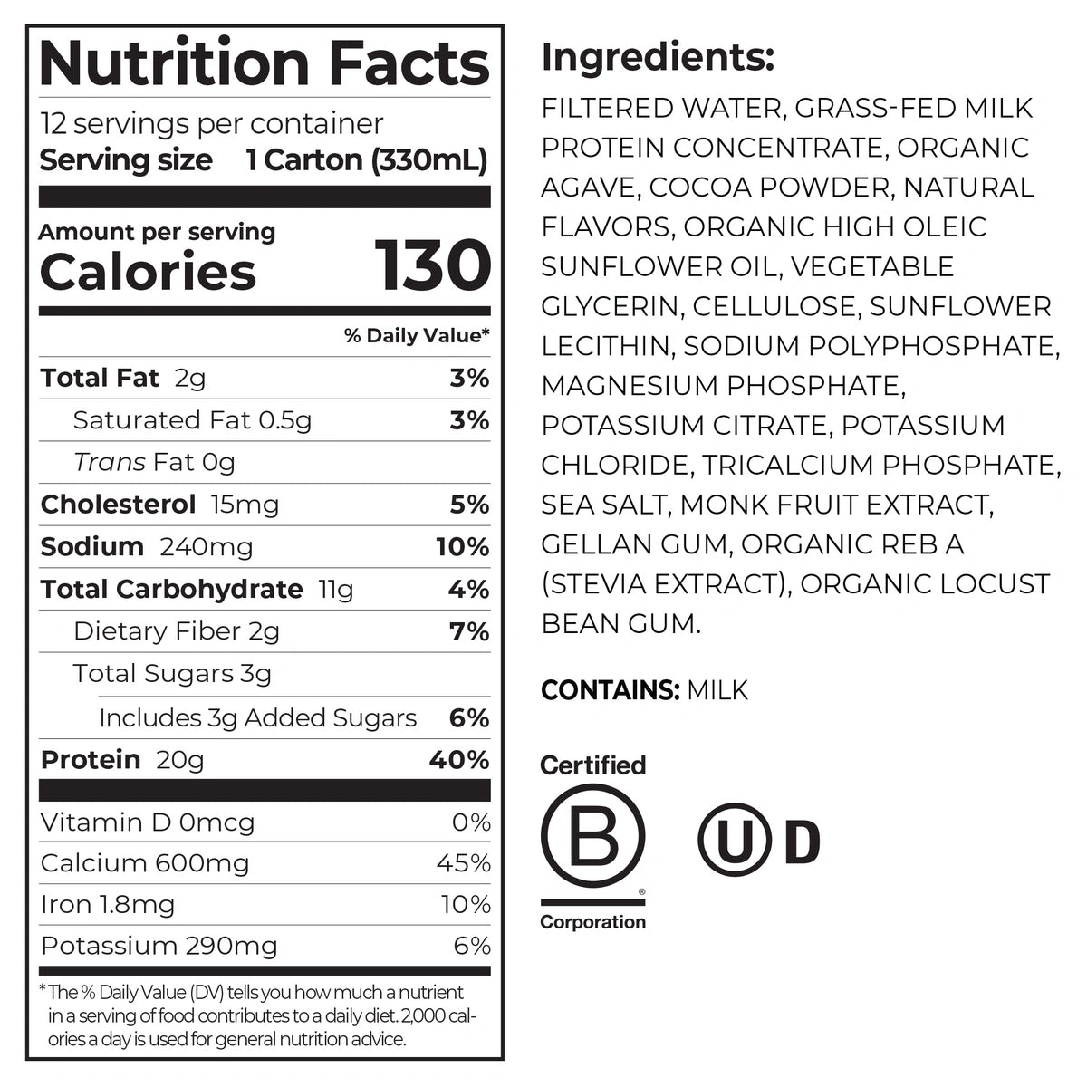 Nutrition fact panel and list of ingredients of 20g Clean Protein Shake Creamy Chocolate Fudge Flavor in the 12 Shakes Size