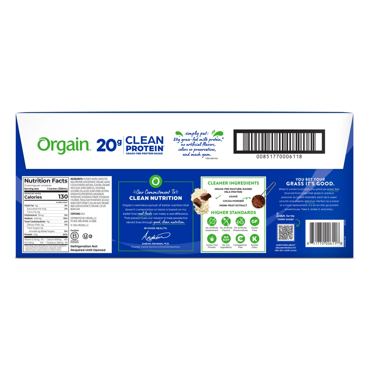 Back of 20g Clean Protein Shake Creamy Chocolate Fudge Flavor in the 12 Shakes Size