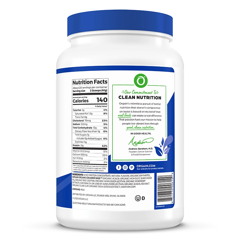 Right side of Grass Fed Whey Protein Powder - Vanilla Bean  Flavor in the 1.82lb Canister Size
