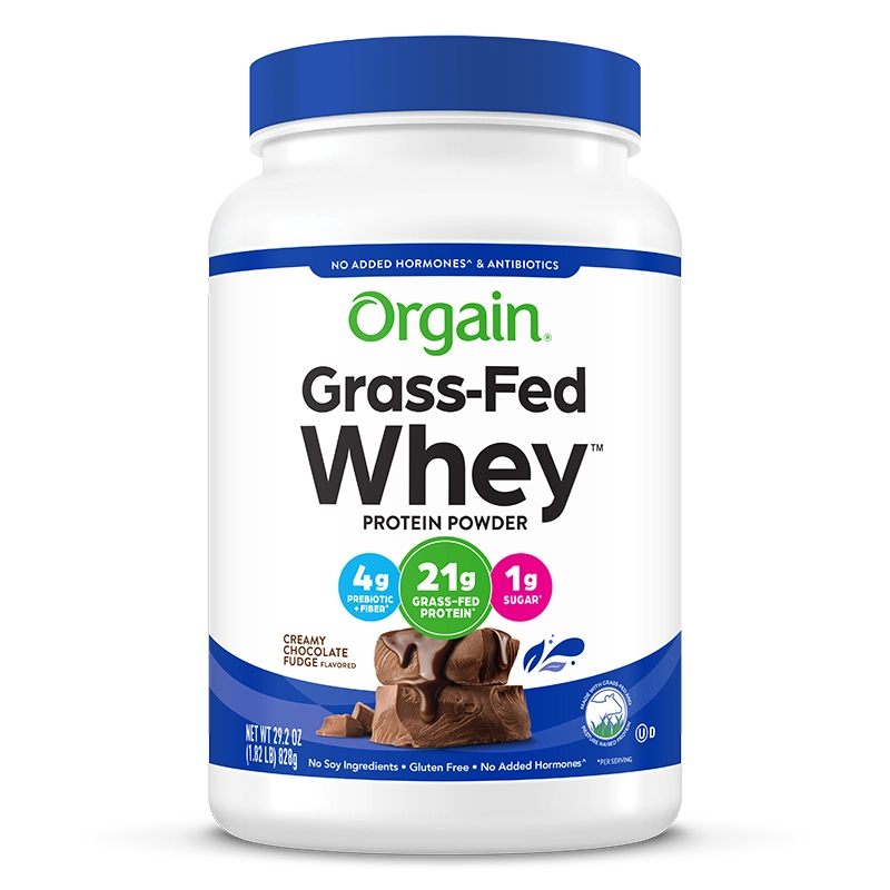 Front of Grass Fed Whey Protein Powder Creamy Chocolate Fudge Flavor in the 1.82lb Canister Size