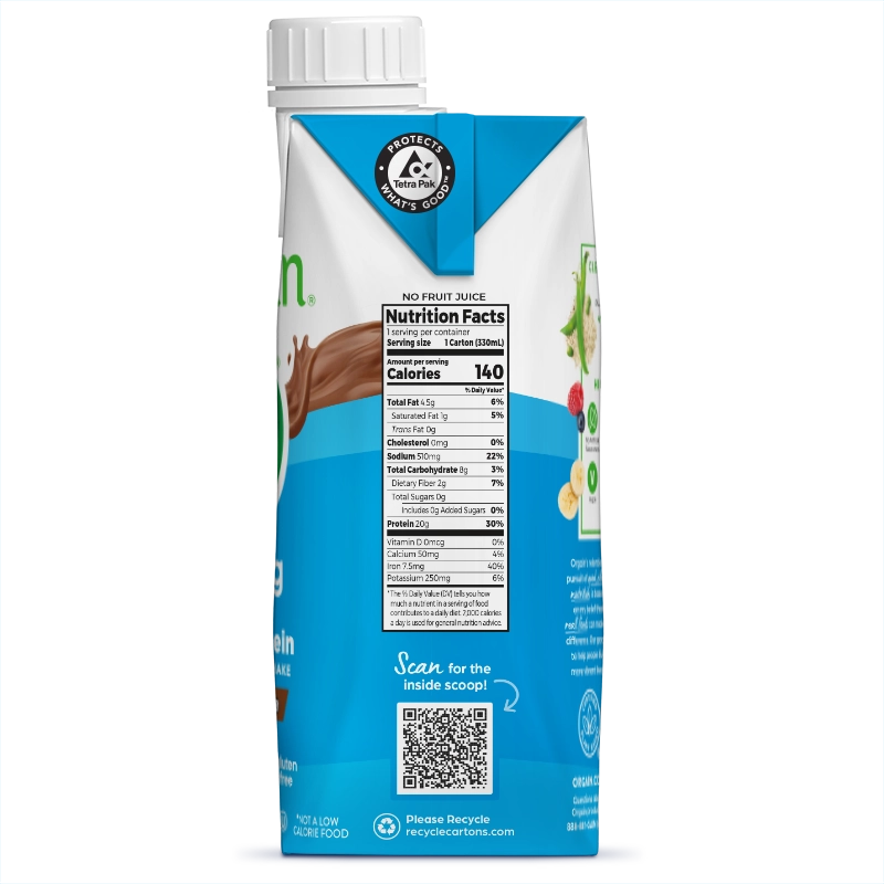 Right side of 20g Plant-Based Protein Shake Creamy Chocolate Flavor in the 12 Shakes Size