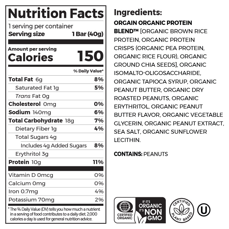 Nutrition fact panel and list of ingredients of Organic Protein Bar - Peanut Butter  Flavor in the 12 Bars Size